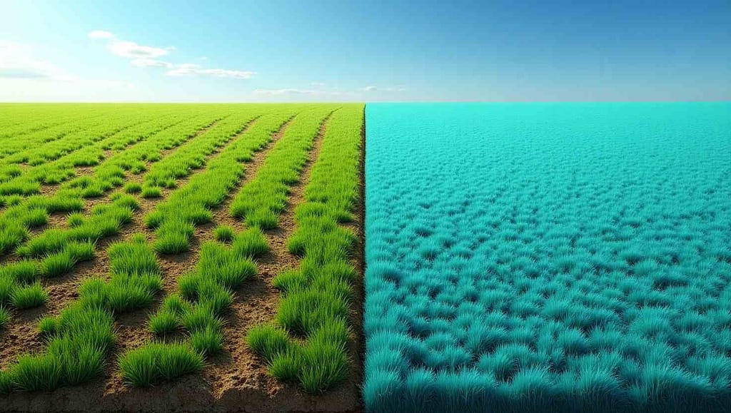 Visual comparison between traditional seeded lawn and teal turf finish