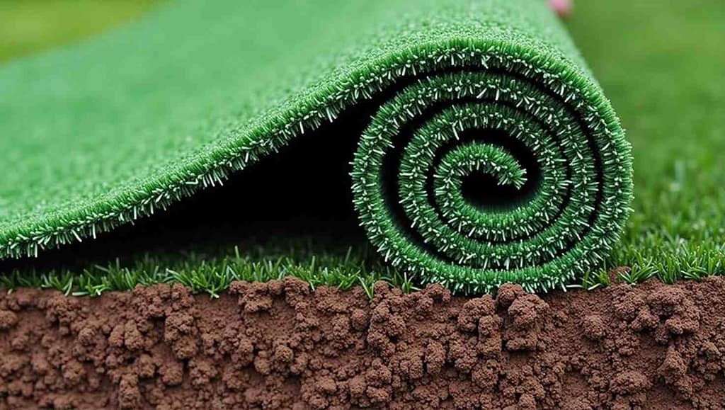 Teal turf roll being laid over prepared soil with clear rootzone detail