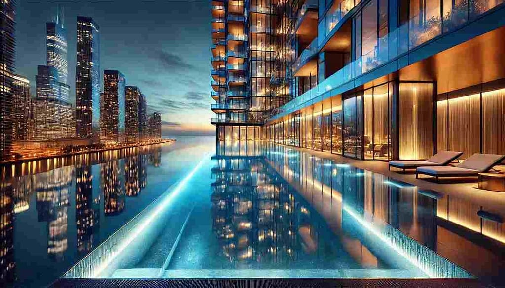 75-foot infinity pool at One Riverside Park luxury condo reflecting NYC skyline at twilight