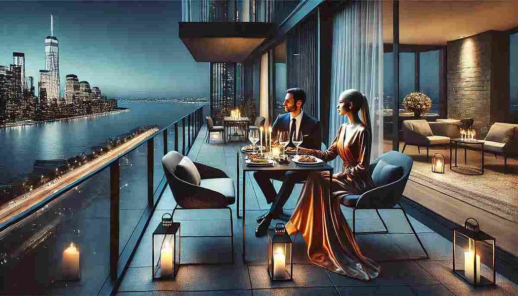 Sophisticated couple enjoying champagne on Riverside Boulevard penthouse balcony with panoramic Hudson River views
