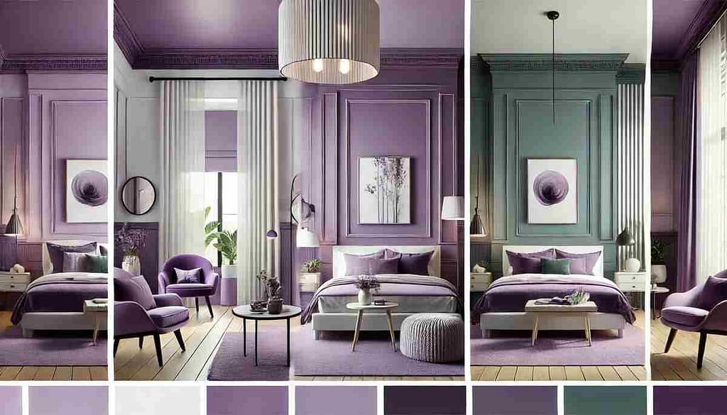 Collage of purple two-colour bedroom walls, featuring combinations like purple and white, purple and teal, and purple and grey for modern and stylish designs