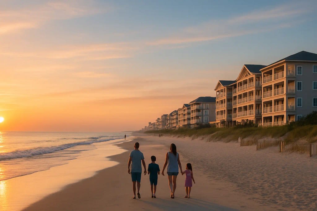 Hotels in Sea Isle City NJ near the beach during sunrise with relaxing coastal views.
