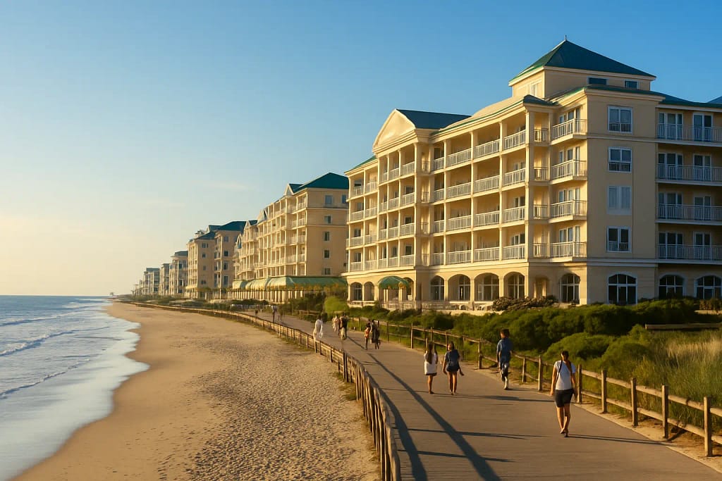 Oceanfront hotels in Sea Isle City NJ with beach views and bright coastal scenery.