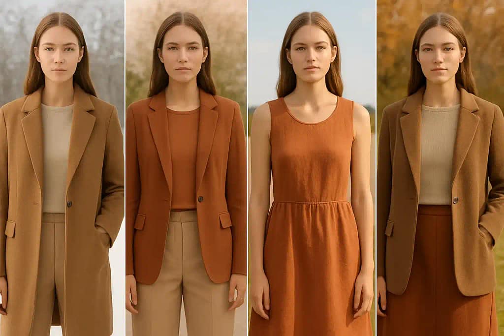 Seasonal outfits for winter, spring, summer, and fall using clothing colors that enhance a tan-like appearance