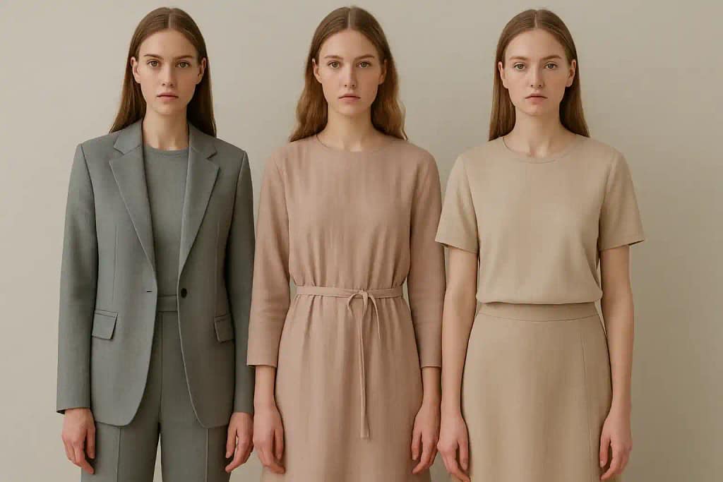 Muted gray, dusty pastel, and beige clothing colors that reduce contrast and make skin appear less warm
