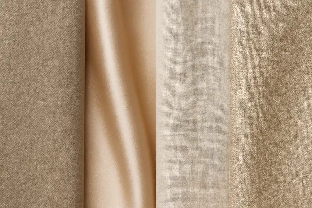 Close-up of matte, glossy, linen, and metallic fabrics showing how different textures reflect light on skin