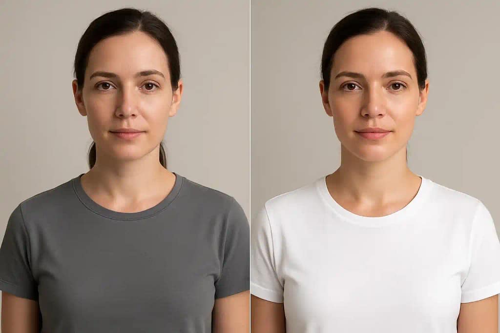 Side-by-side comparison of muted gray and bright white outfits showing what colors make you look tan through color contrast on skin
