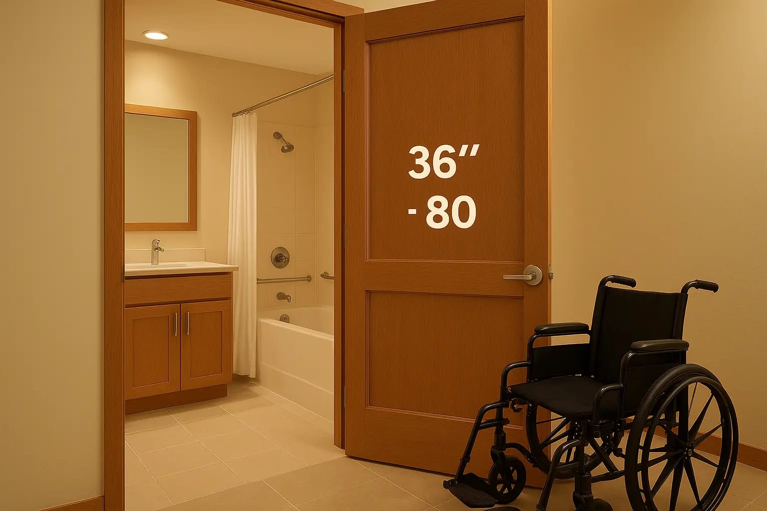 Full-size 36x80 bathroom door with wheelchair access in a modern accessible home, warm lighting and realistic interior.