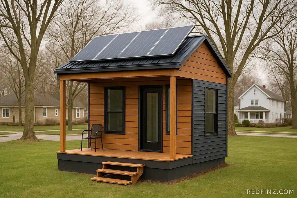 Buffalo Living and Property Trends: A Buffalo tiny home with solar panels representing compact, sustainable living in 2026.