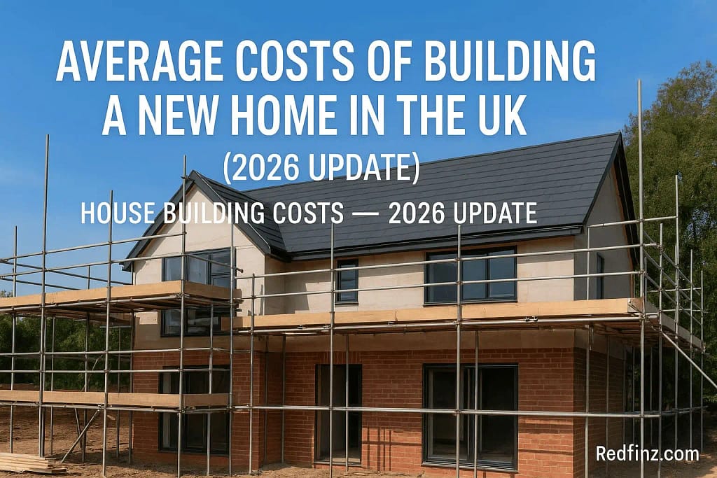 Modern detached UK home under construction with scaffolding, illustrating 2026 average build costs and housing trends.