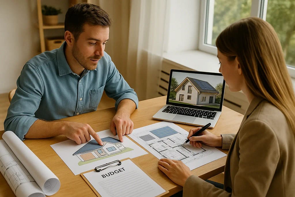 Couple reviewing house blueprints and budget plans for building a modern family home, with design shown on laptop screen.