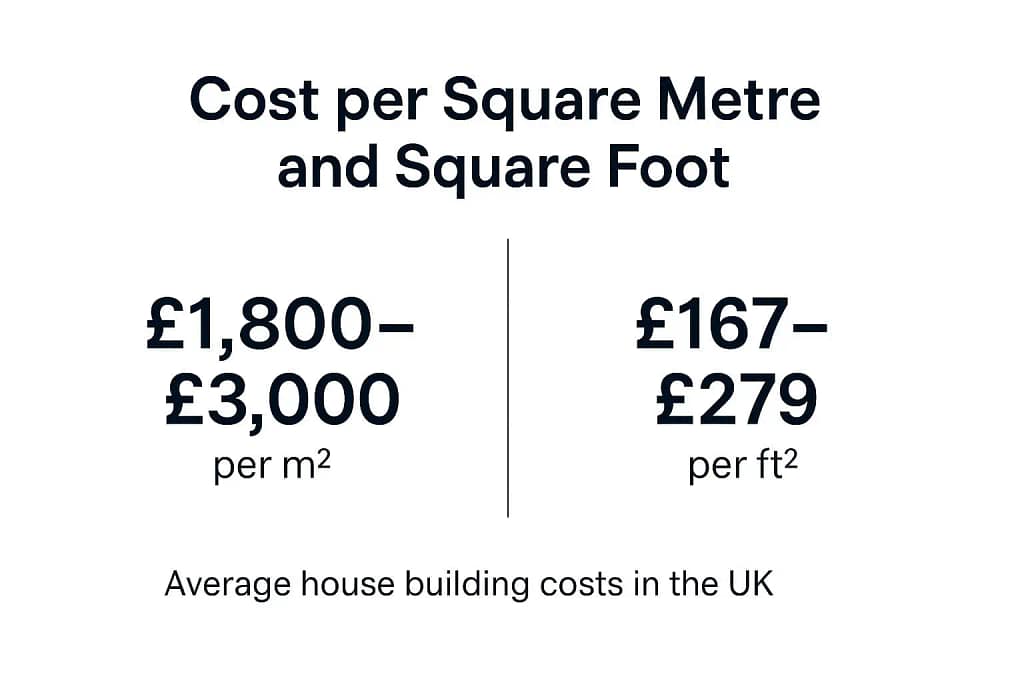 Infographic showing UK house building costs per square metre and square foot for 2026, ranging from £1,800–£3,000 per m² and £167–£279 per ft².