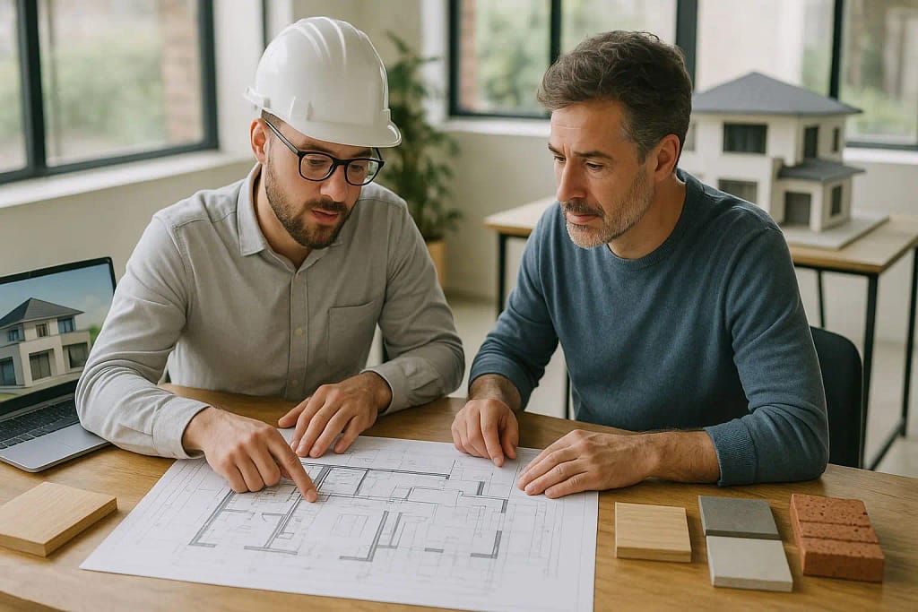 Architect and homeowner reviewing modern house blueprints with a laptop showing a 3D model and material samples in a bright UK design studio, representing design complexity and architectural services in home building.