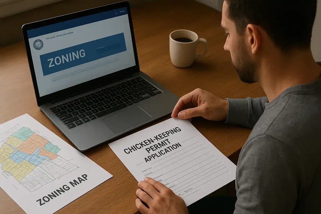 Buffalo resident filling out backyard chicken permit application with coop plans.