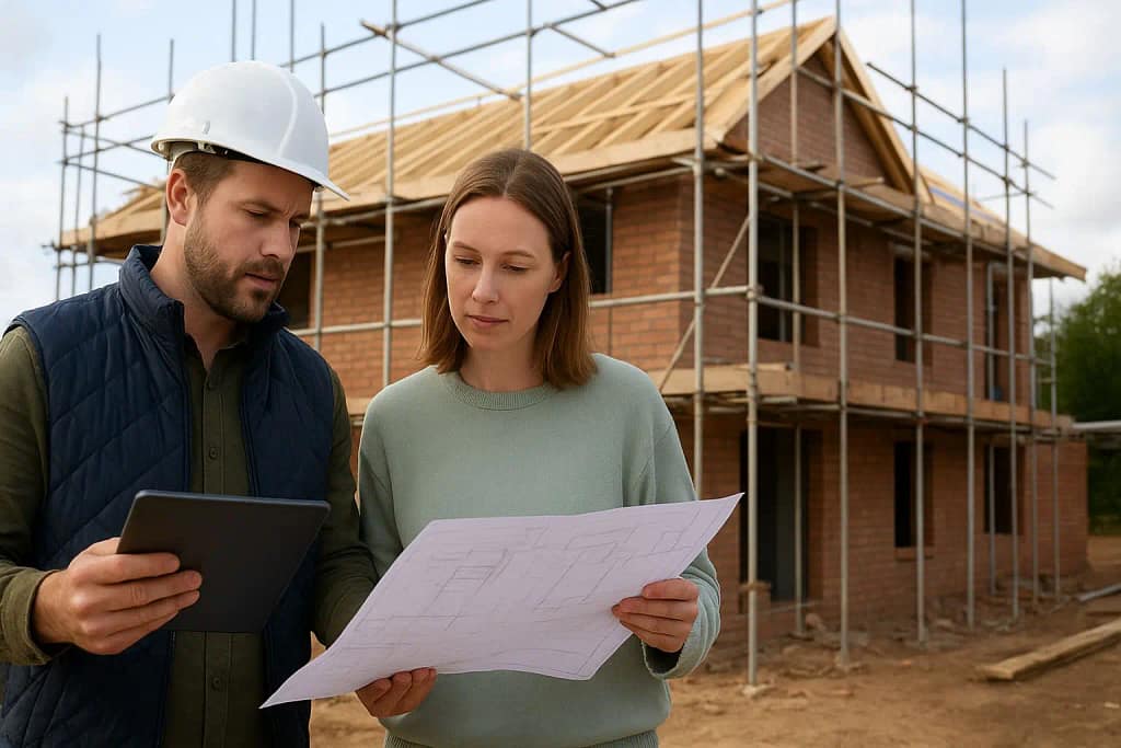 A self-builder reviewing blueprints and cost plans at a construction site, with a self-build house under construction in the background featuring bricks, timber, and scaffolding.