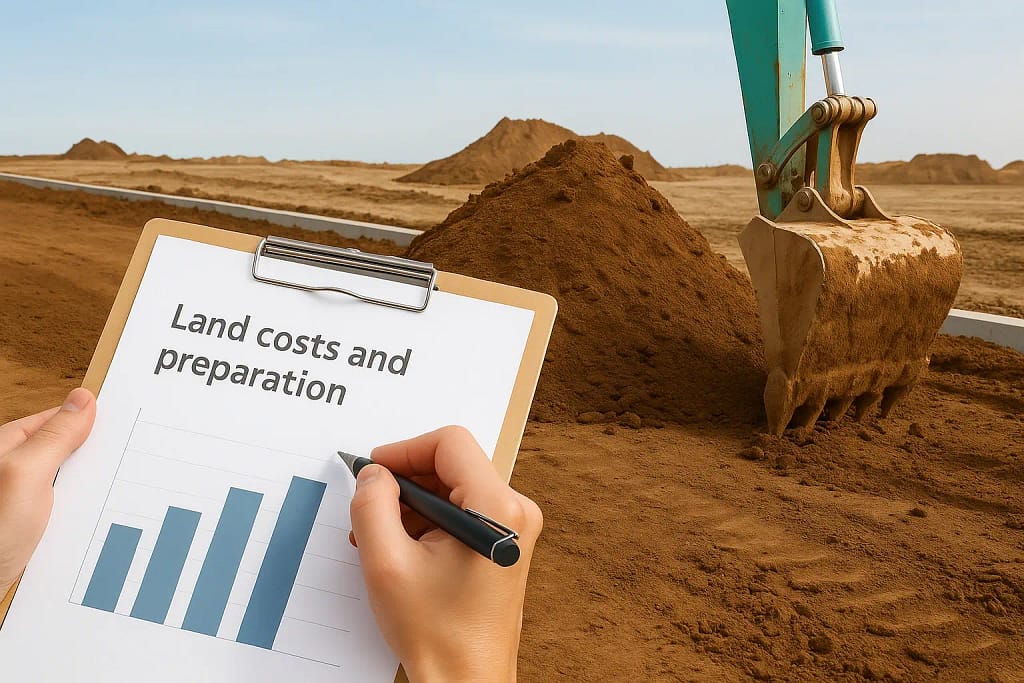 Person analyzing land costs and preparation data on a clipboard at a construction site with an excavator and soil piles in the background.