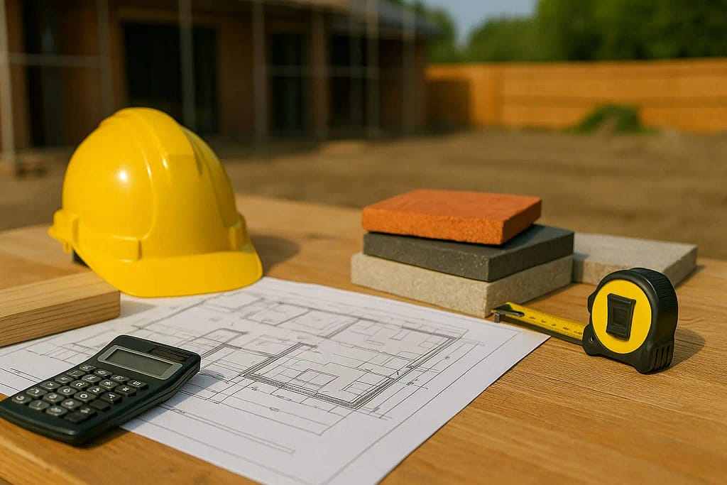 Construction planning workspace with blueprints, calculator, safety helmet, and building material samples illustrating material and labour cost breakdown for UK home builds in 2026.