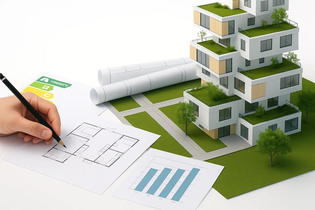 Architect reviewing floor plans beside a modern UK building model, symbolizing professional fees and project management costs in 2026 home construction.