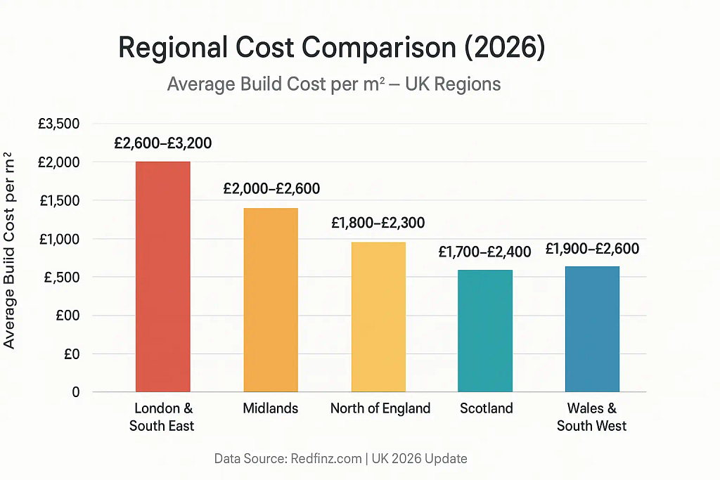 Infographic showing UK regional house building costs in 2026 with bar chart comparing average build cost per square metre across London, Midlands, North, Scotland, and Wales.