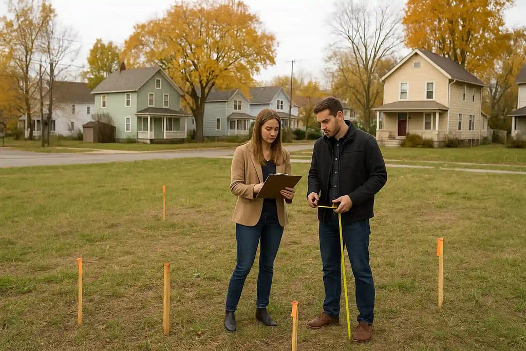 Couple inspecting a vacant lot in Buffalo, New York, preparing to build a Buffalo tiny home following Erie County’s 2026 land purchase checklist.