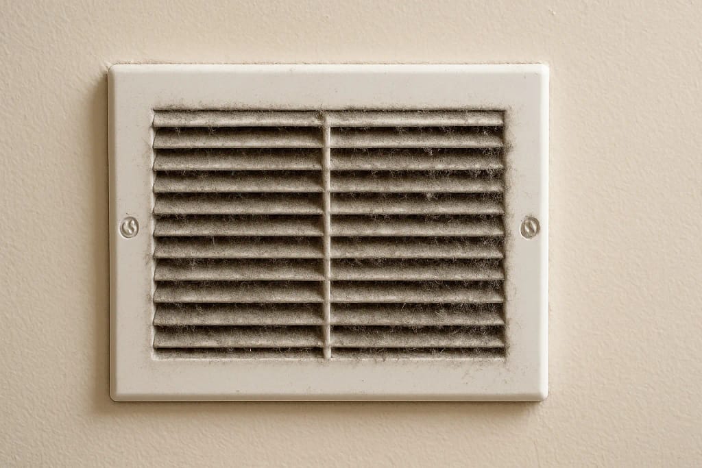 Dirty air vent cover showing buildup of dust, indicating the need for air duct cleaning.