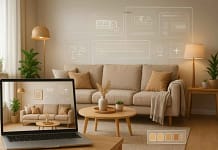 How to Transform Your Pinterest Board into a Real Room with AI AI-powered interior design turning a Pinterest board into a real living room, showing digital interface, moodboard, and Scandinavian-style decor