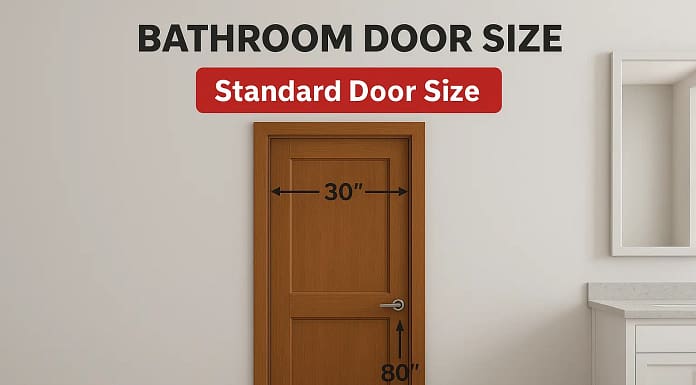 Bathroom Door Size Standard bathroom door size 30x80 inches shown with wooden door and measurement arrows in a modern bathroom interior.