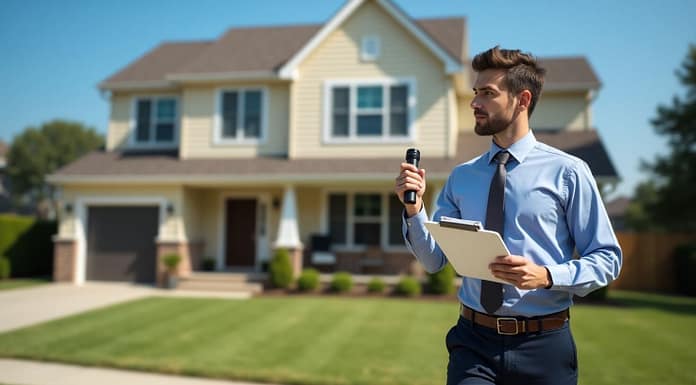 Home Inspection Time Guide Licensed home inspector walking toward a suburban home with clipboard and flashlight