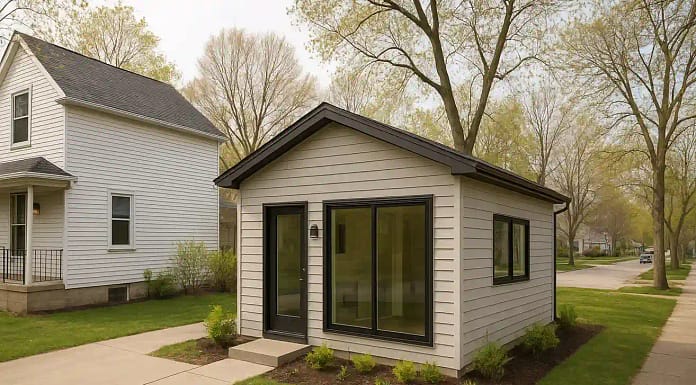 Which Buffalo Suburbs Still Prohibit Accessory Dwelling Units 2026 Suburban Buffalo home with a modern backyard ADU unit built in 2026.