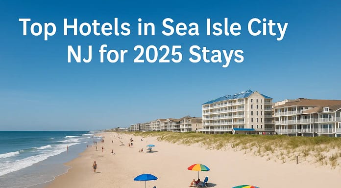 Top Hotels in Sea Isle City NJ Luxury beachfront hotels in Sea Isle City NJ with ocean views, palm trees, and sunset sky in 2025.