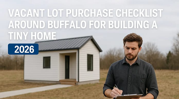 Buffalo Vacant Lot Purchase Checklist (2026) Young couple reviewing vacant land blueprints for a tiny home project in Buffalo, New York, 2026.