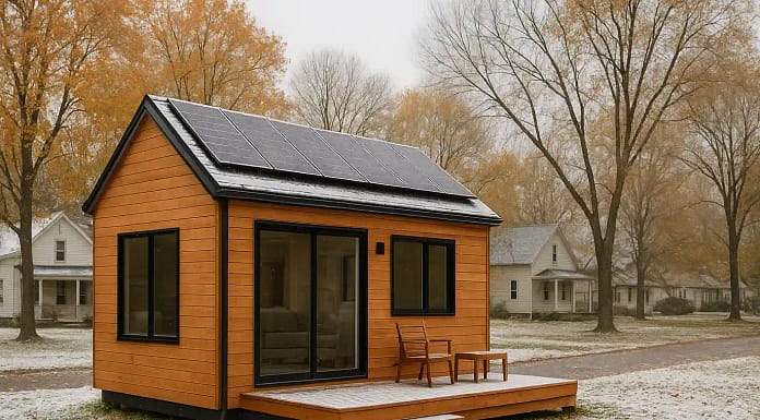 How to Choose Tiny Home Builders in Buffalo, NY Modern tiny home in Buffalo NY with solar panels and energy-efficient design surrounded by a suburban neighborhood.