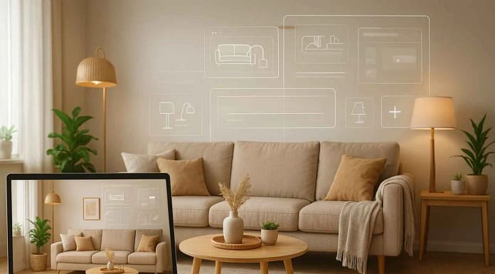 How to Transform Your Pinterest Board into a Real Room with AI AI-powered interior design turning a Pinterest board into a real living room, showing digital interface, moodboard, and Scandinavian-style decor