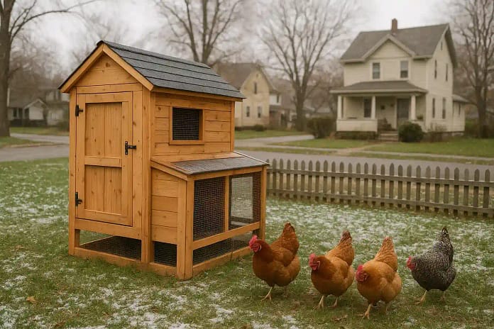 Buffalo’s Backyard Chicken & Coop Regulations for Homeowners (2026) Buffalo backyard with a small chicken coop and hens, representing 2026 urban chicken-keeping laws.