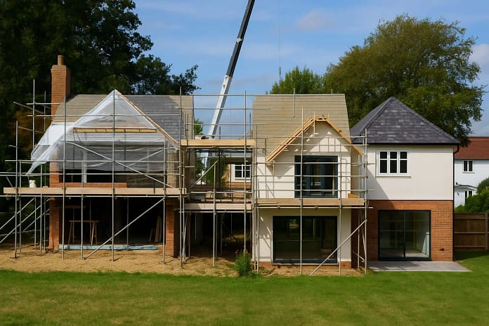 How Much Does It Cost to Build a House in the UK in 2026 Modern two-storey house under construction in the UK with scaffolding and timber roofing, illustrating the cost to build a house in the UK in 2026.