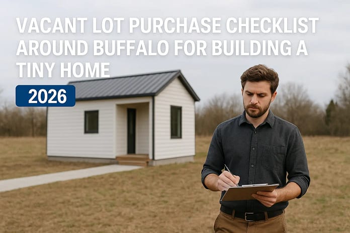 Buffalo Tiny Home Vacant Lot Guide 2026 Young couple reviewing vacant land blueprints for a tiny home project in Buffalo, New York, 2026.