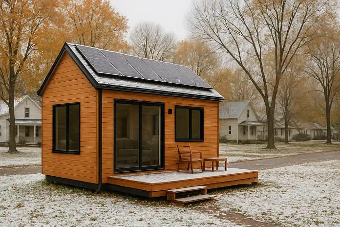 How to Choose Tiny Home Builders in Buffalo NY 2026 Guide_11zon_11zon Modern tiny home in Buffalo NY with solar panels and energy-efficient design surrounded by a suburban neighborhood.