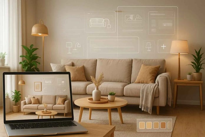 How to Transform Your Pinterest Board into a Real Room with AI AI-powered interior design turning a Pinterest board into a real living room, showing digital interface, moodboard, and Scandinavian-style decor